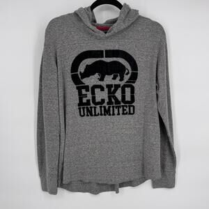 Ecko Unltd Hoodie Mens Large Gray Waffle Knit Pullover Rhino Logo Sweatshirt